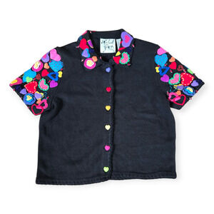 Vintage 90s Michael Simon Heart Applique Knit Cardigan Retro Art Size Medium